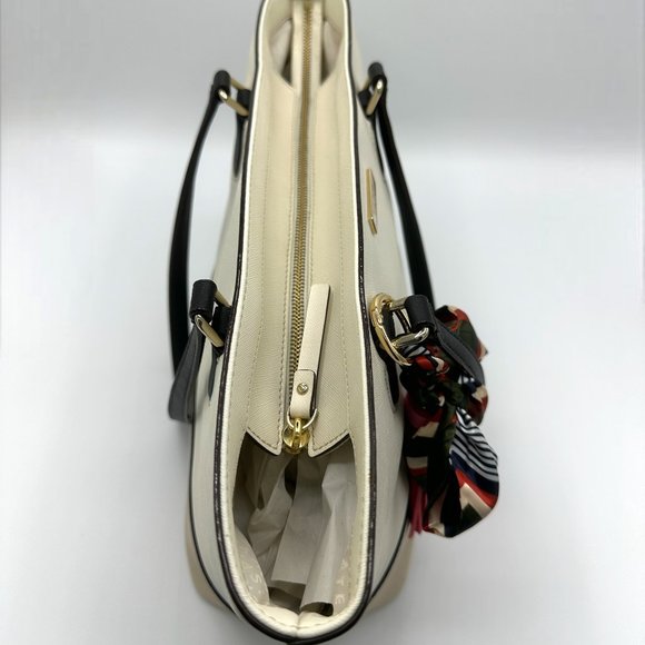 EUC Kate Spade Beige/Ivory/Black Colorblock Zip-Top Leather Tote + Bag Charm - Picture 14 of 16
